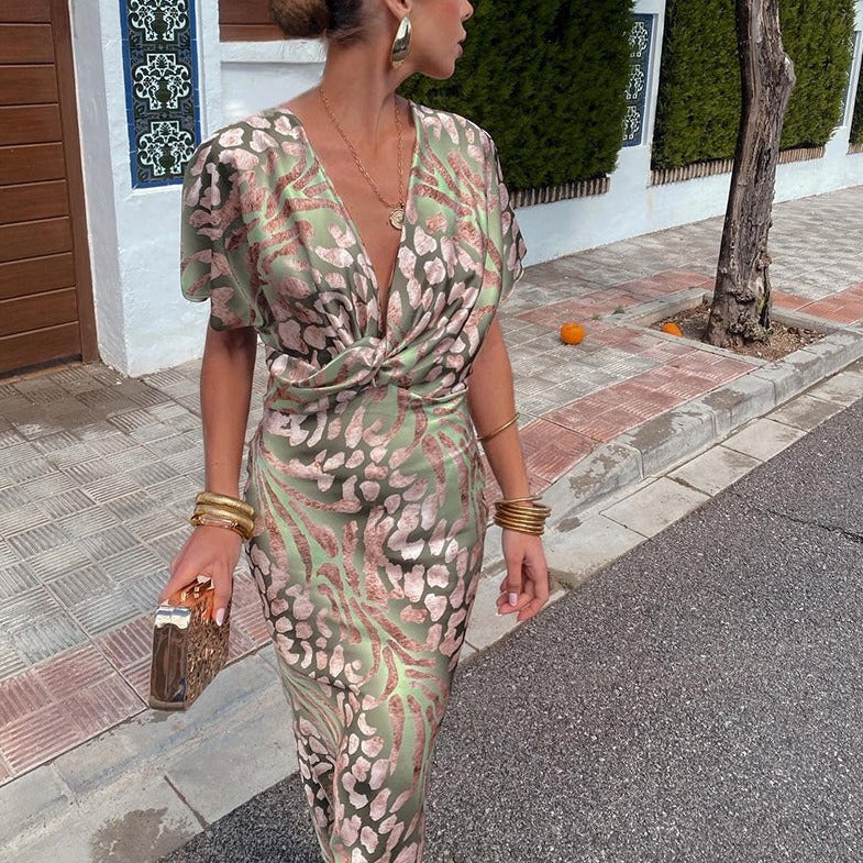 Floral Satin Wrap-Style Short Sleeve Midi Dress