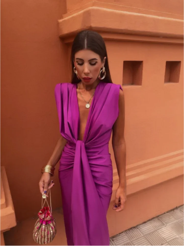 Draped Sleeveless Midi Dress with Deep V Neck and Front Knot