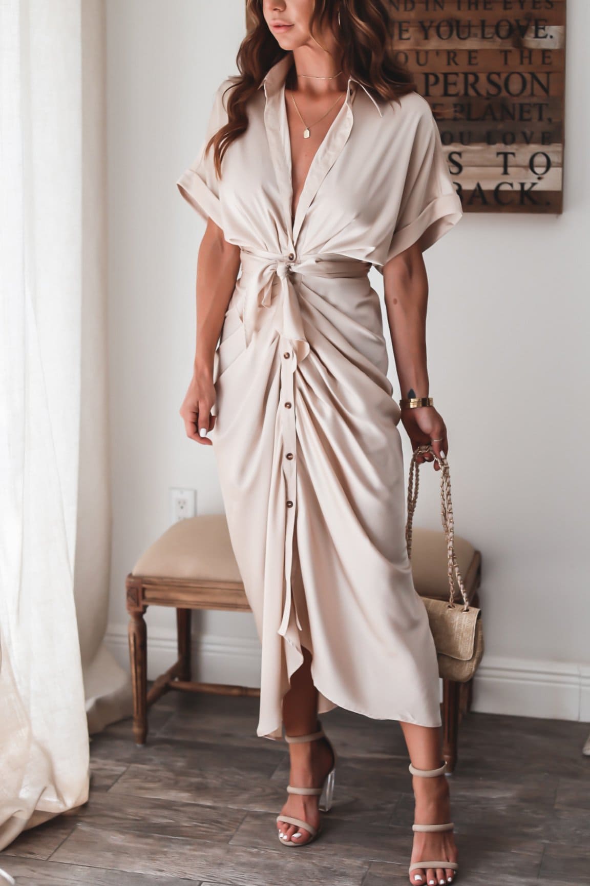 Elegant Draped Satin Maxi Dress with Waist Tie