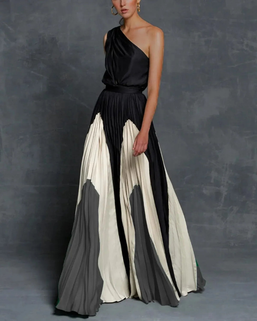 Elegant One-Shoulder Colorblock Pleated Evening Gown
