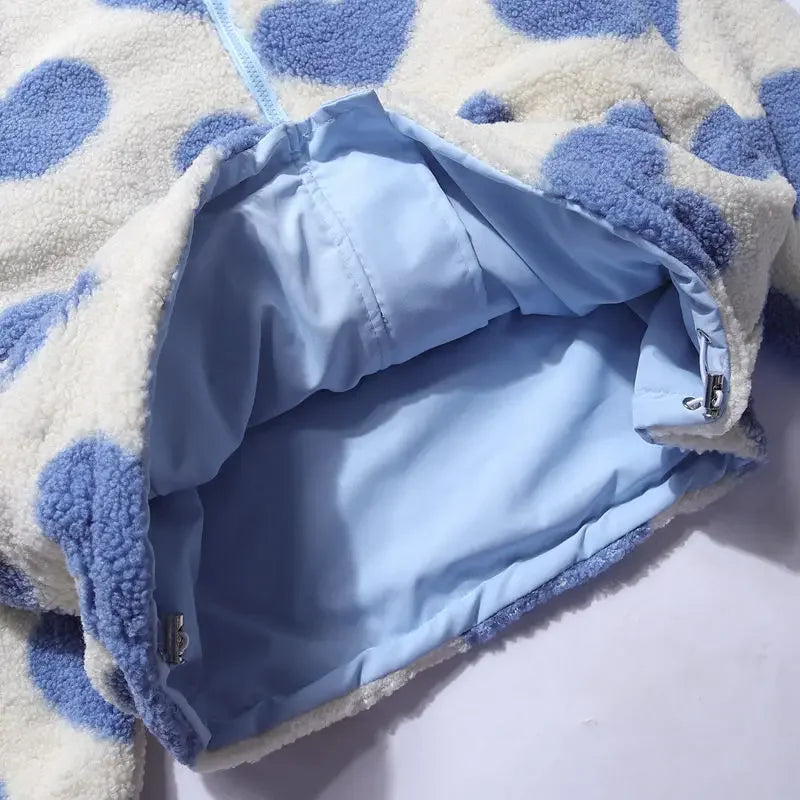 Heart Print Zip-Up Fleece Jacket
