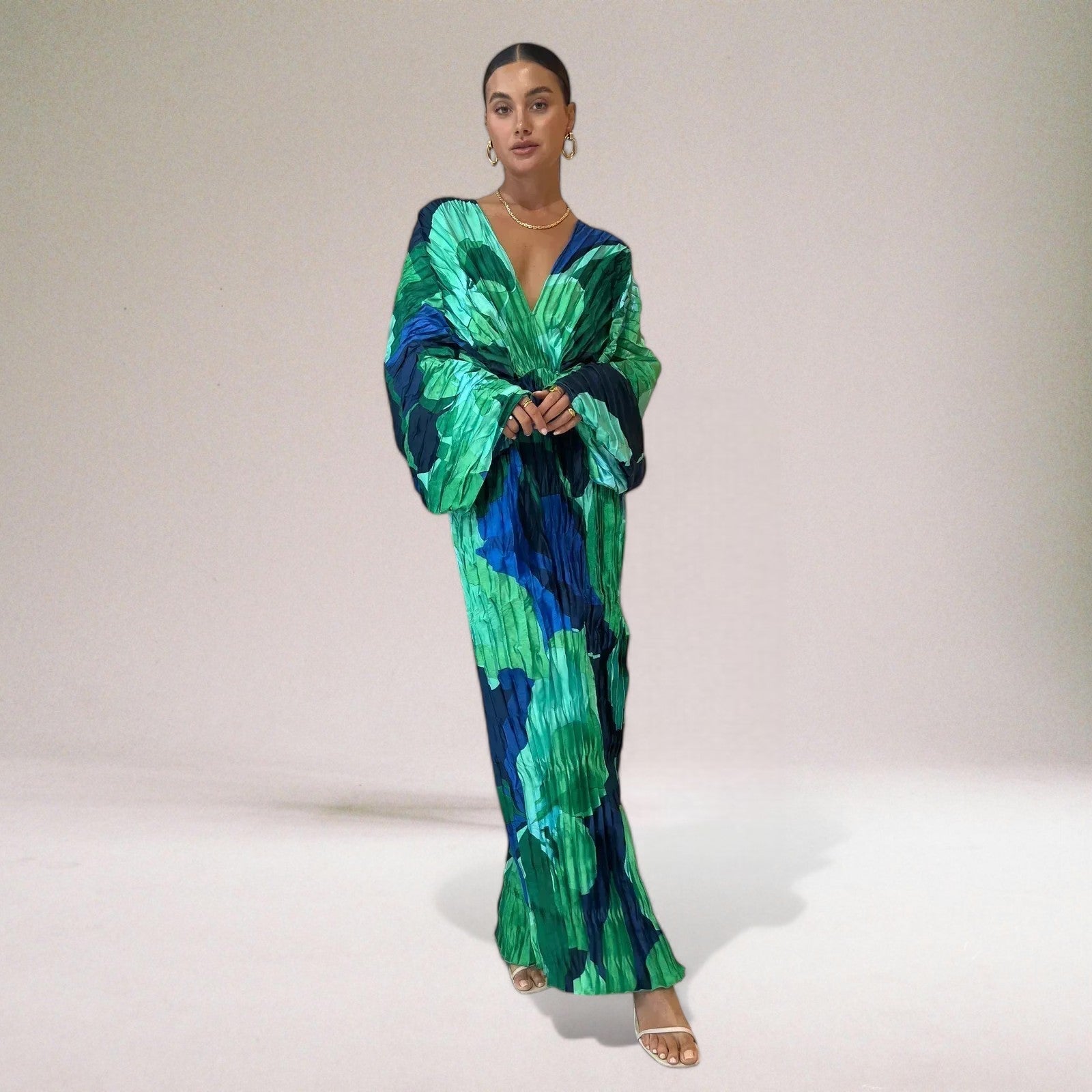 Artistic Print Satin Maxi Dress with Flowy Sleeves