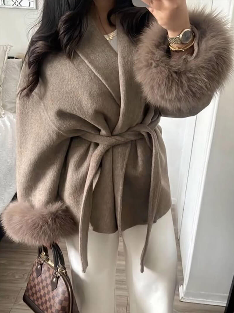 Women’s Faux Fur Trim Belted Wool Coat