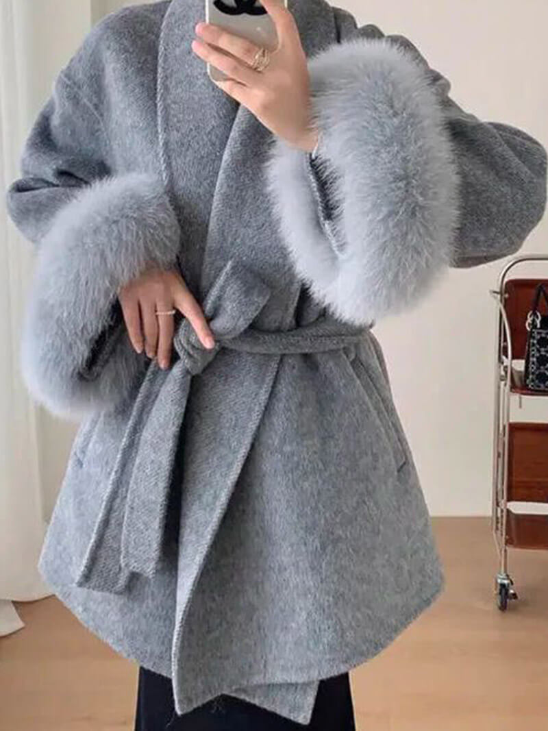 Women’s Faux Fur Trim Belted Wool Coat