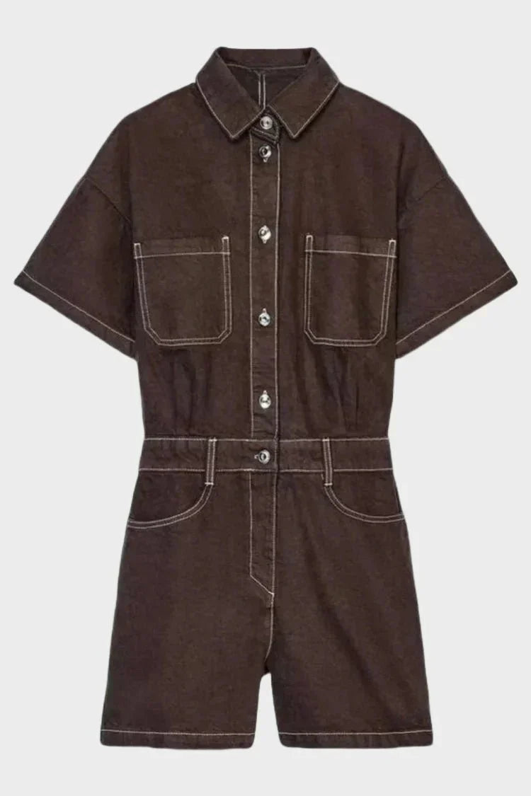 Button Front Denim Utility Romper with Short Sleeves and Pockets