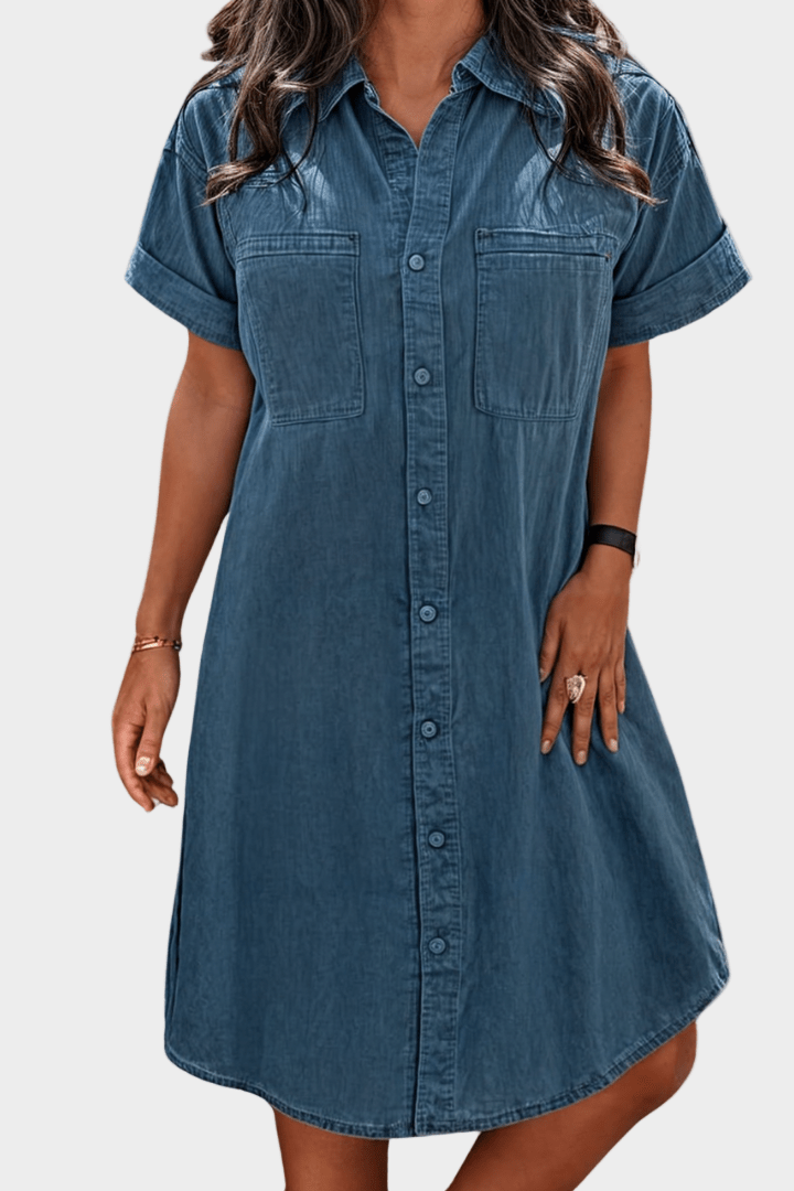 Relaxed Button Front Denim Shirt Dress with Short Sleeves
