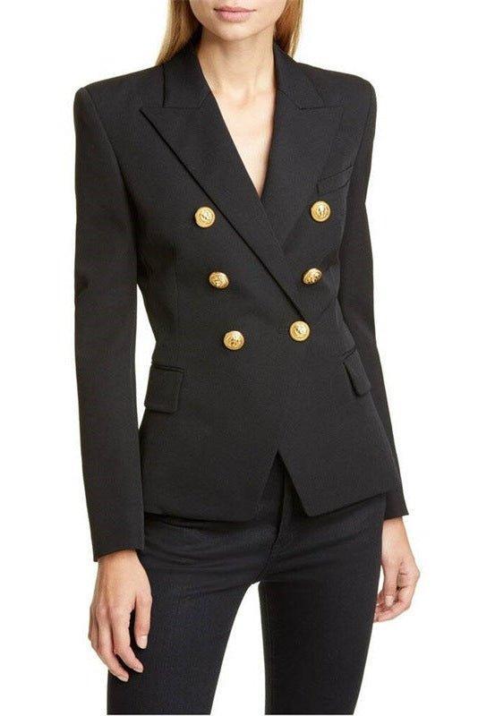 Double Breasted Tailored Blazer with Structured Fit and Gold Button Detail
