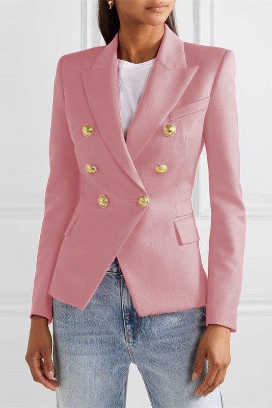 Double Breasted Tailored Blazer with Structured Fit and Gold Button Detail