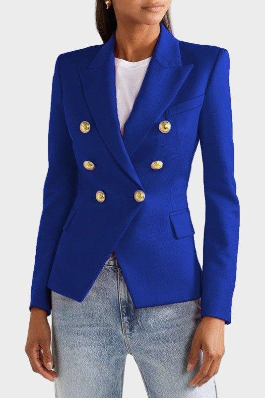 Double Breasted Tailored Blazer with Structured Fit and Gold Button Detail