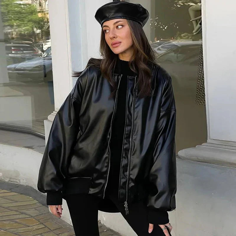 Oversized Faux Leather Bomber Jacket for Women