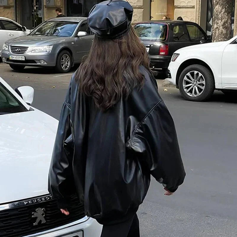 Oversized Faux Leather Bomber Jacket for Women