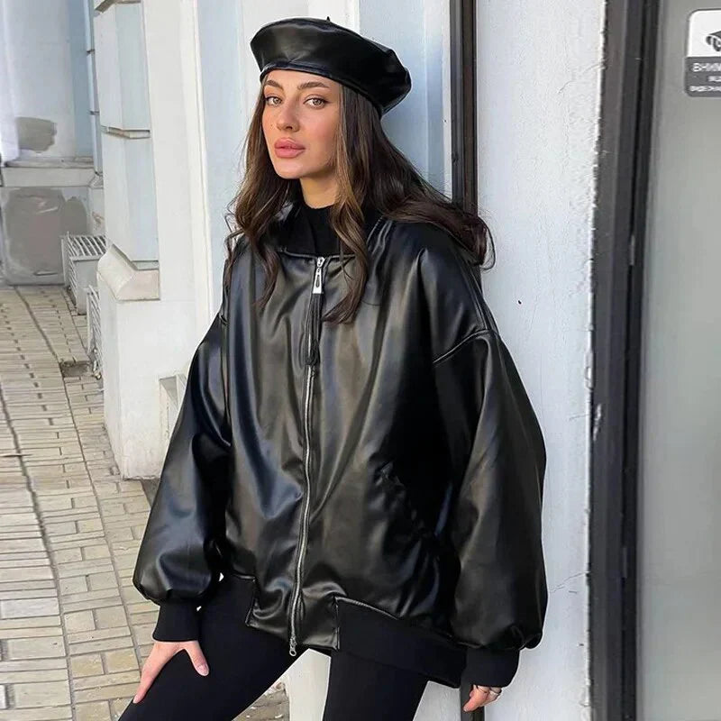 Oversized Faux Leather Bomber Jacket for Women