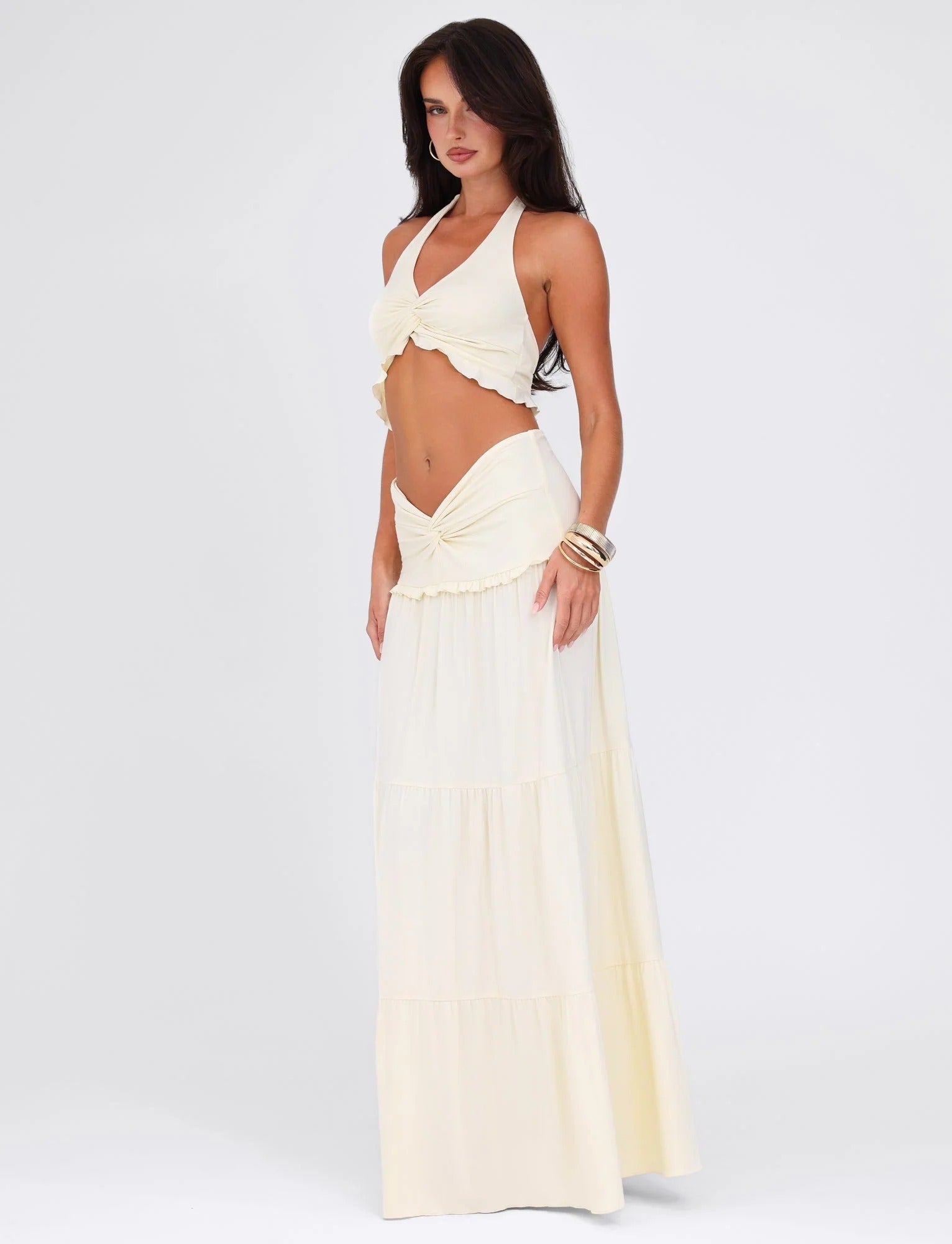 Halter Twist Crop Top and Pleated Maxi Skirt Set