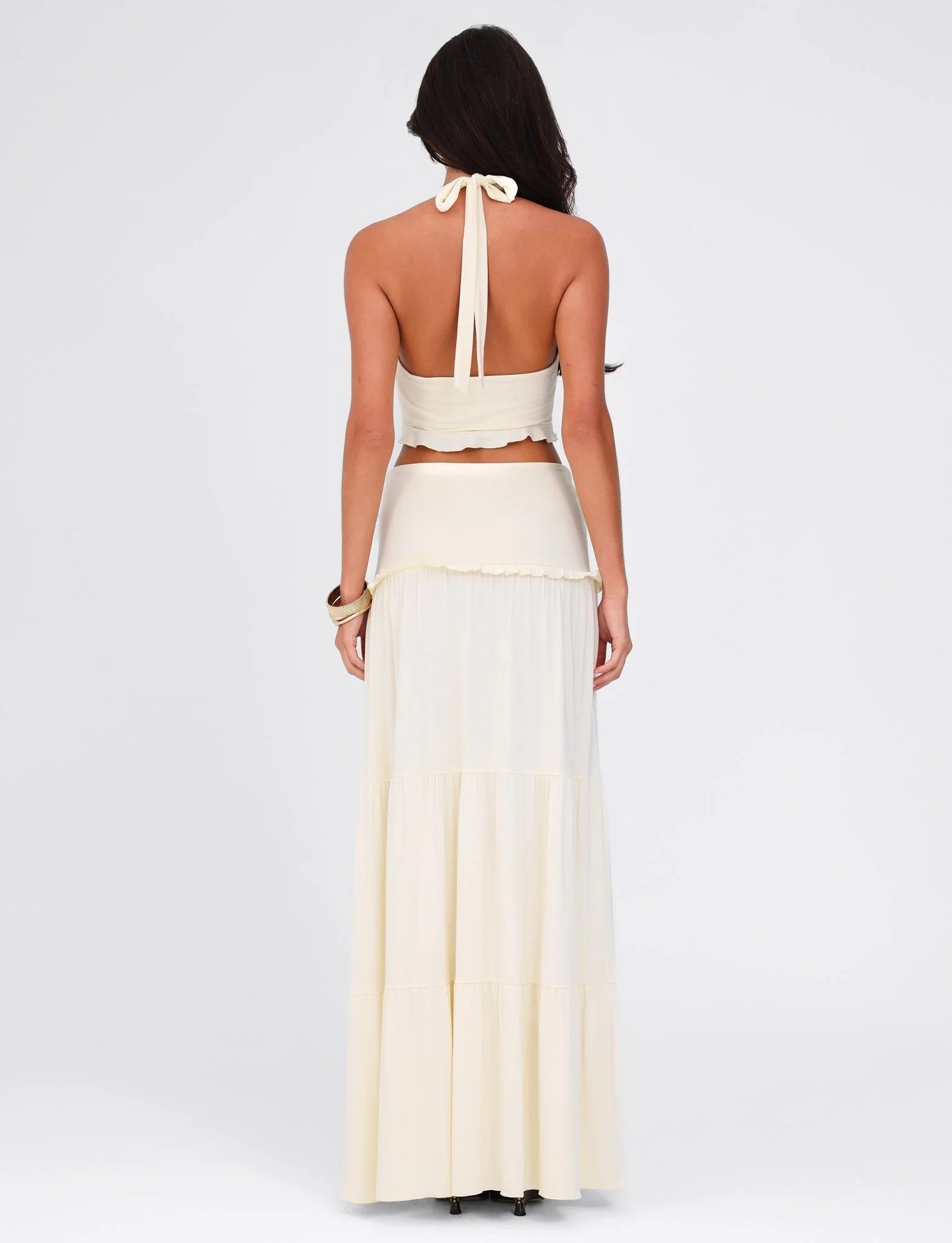 Halter Twist Crop Top and Pleated Maxi Skirt Set
