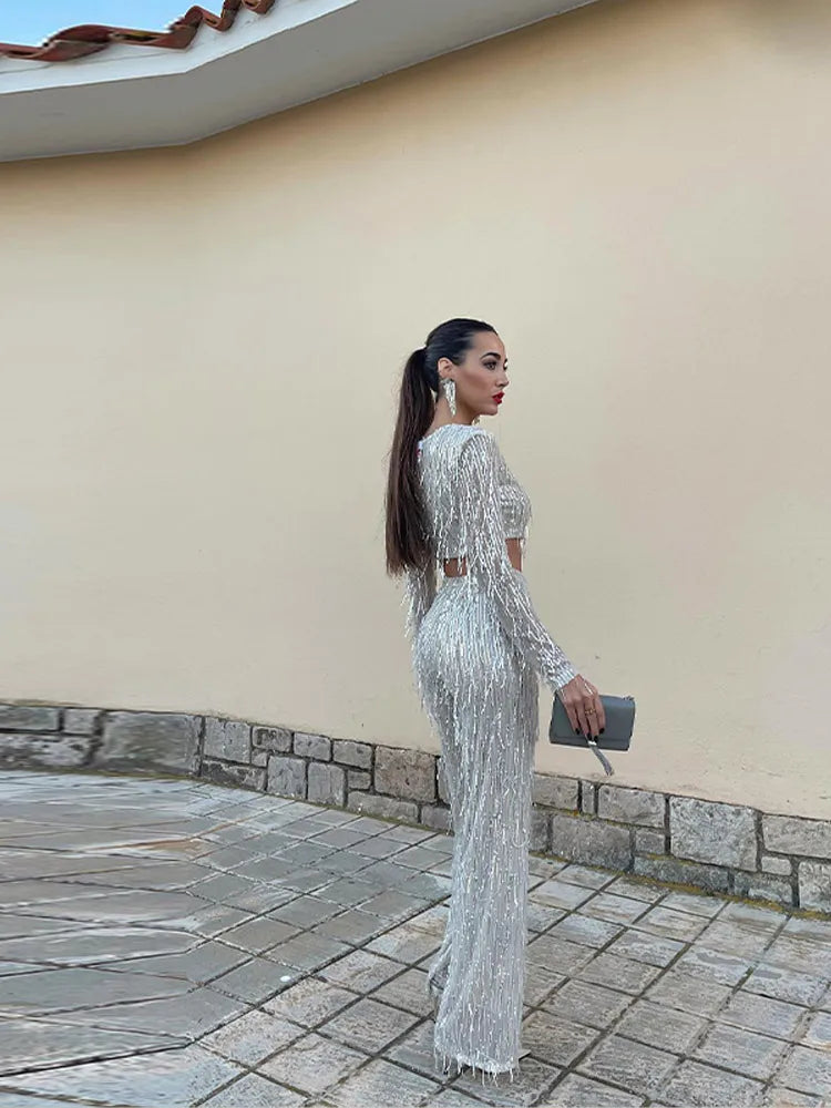 Sequin Crop Top and Pants Two Piece Set