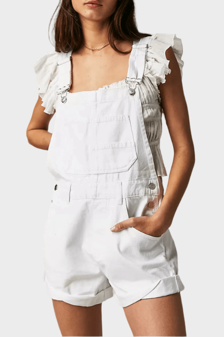 Ruffled Strap Denim Short Overalls with Bib Pocket and Rolled Hem