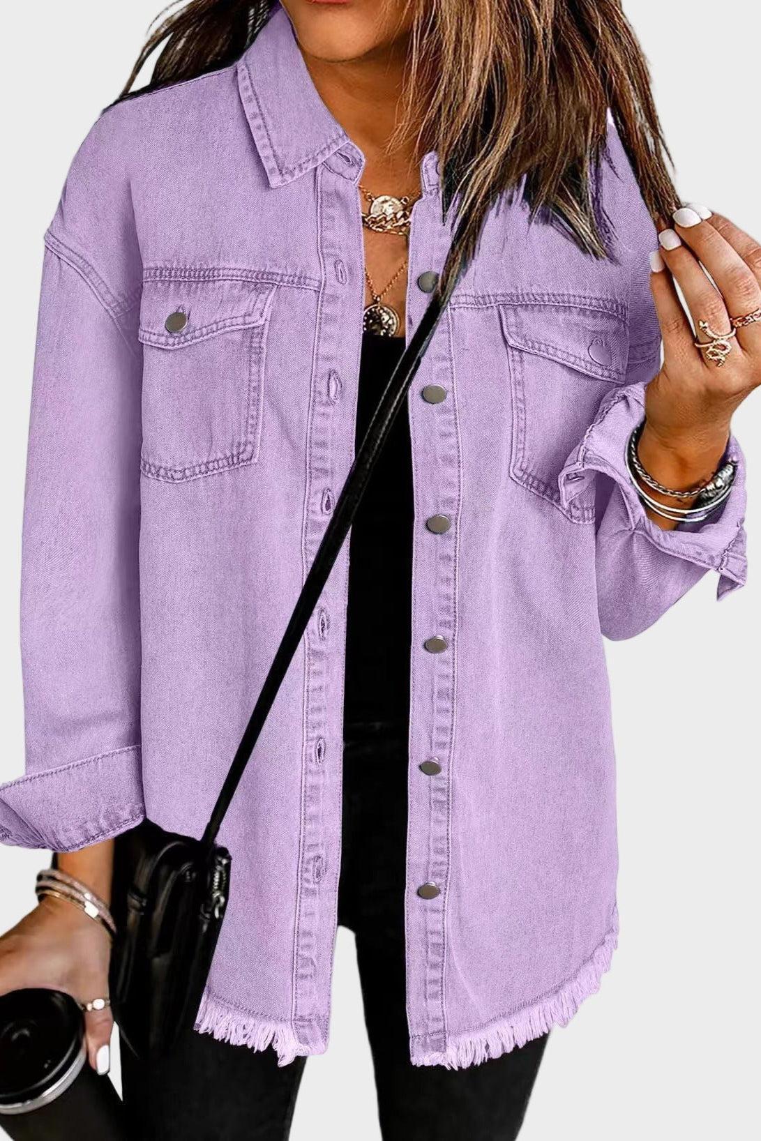 Relaxed Button Front Denim Shirt Jacket with Raw Hem Detail