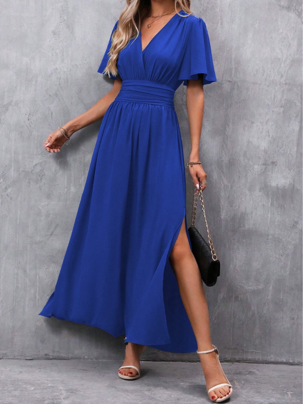Elegant V-Neck Short Sleeve Slit Maxi Dress