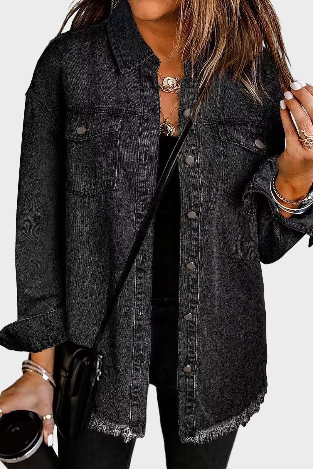 Relaxed Button Front Denim Shirt Jacket with Raw Hem Detail