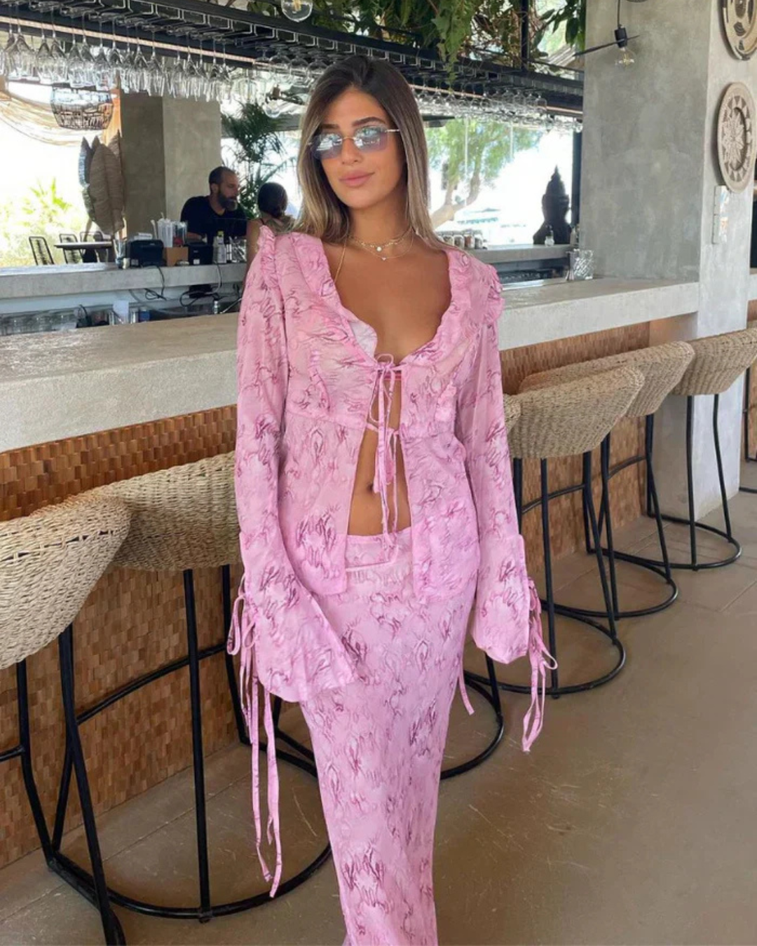 Floral Lace Tie-Front Sheer Maxi Dress