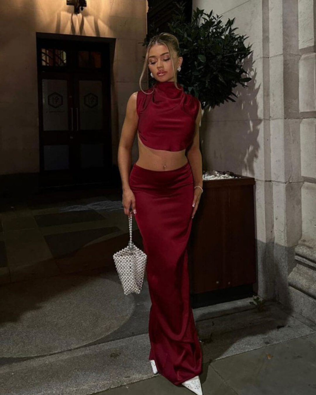 Elegant Satin Maxi Skirt and Halter Top Set for Women