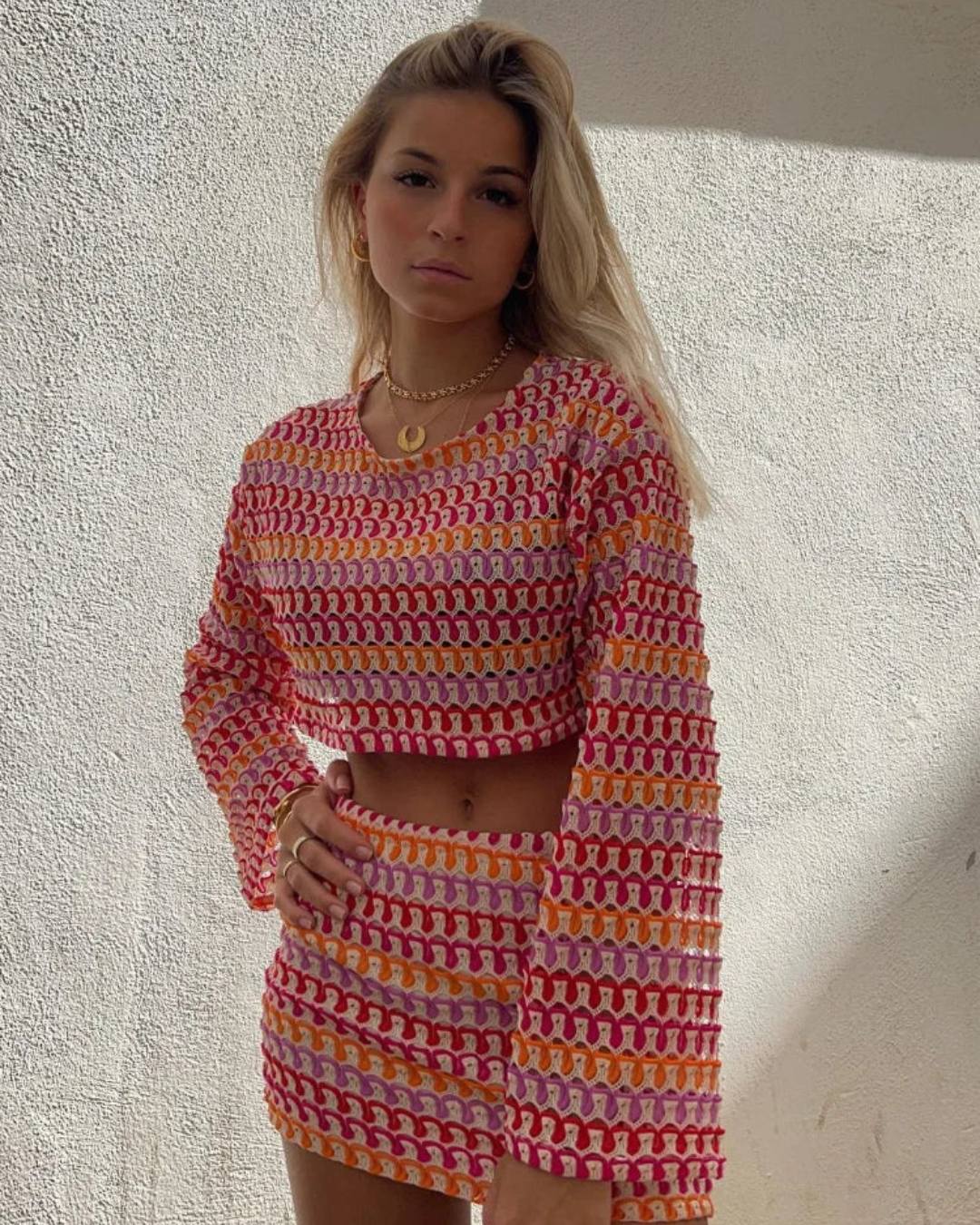 Colorful Crochet Knit Skirt and Sweater Set for Women