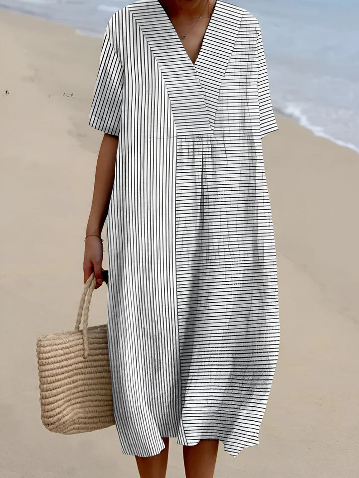 Boho Patchwork V-Neck Midi Dress with Relaxed Fit