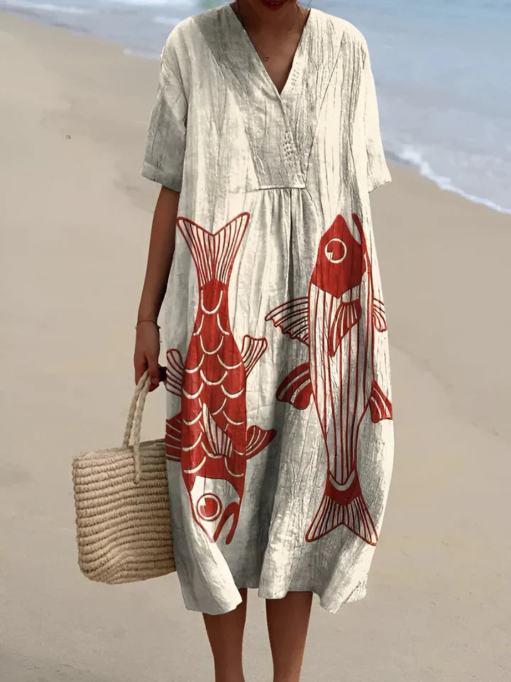 Boho Patchwork V-Neck Midi Dress with Relaxed Fit