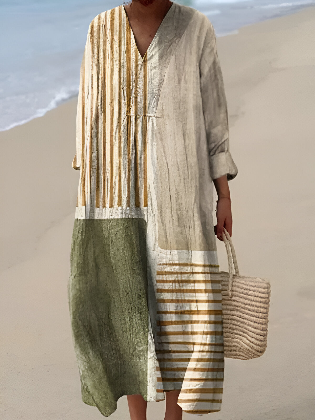 Boho Patchwork V-Neck Midi Dress with Relaxed Fit