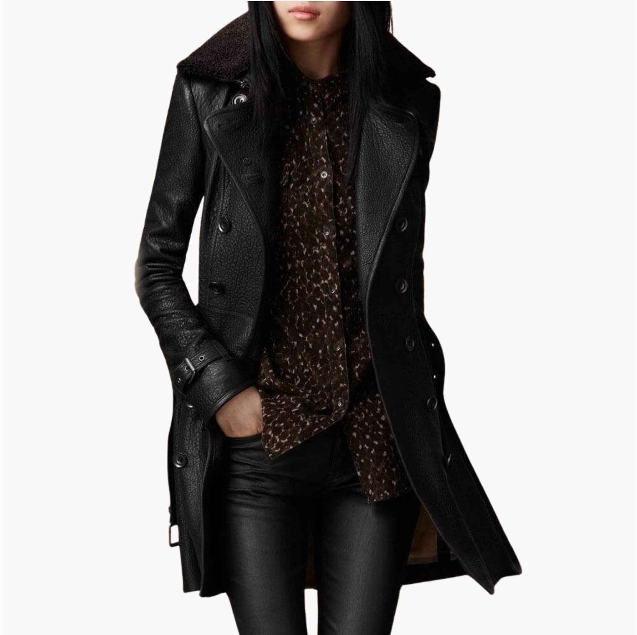 Tailored Double Breasted Leather Style Coat for Chic Elegance