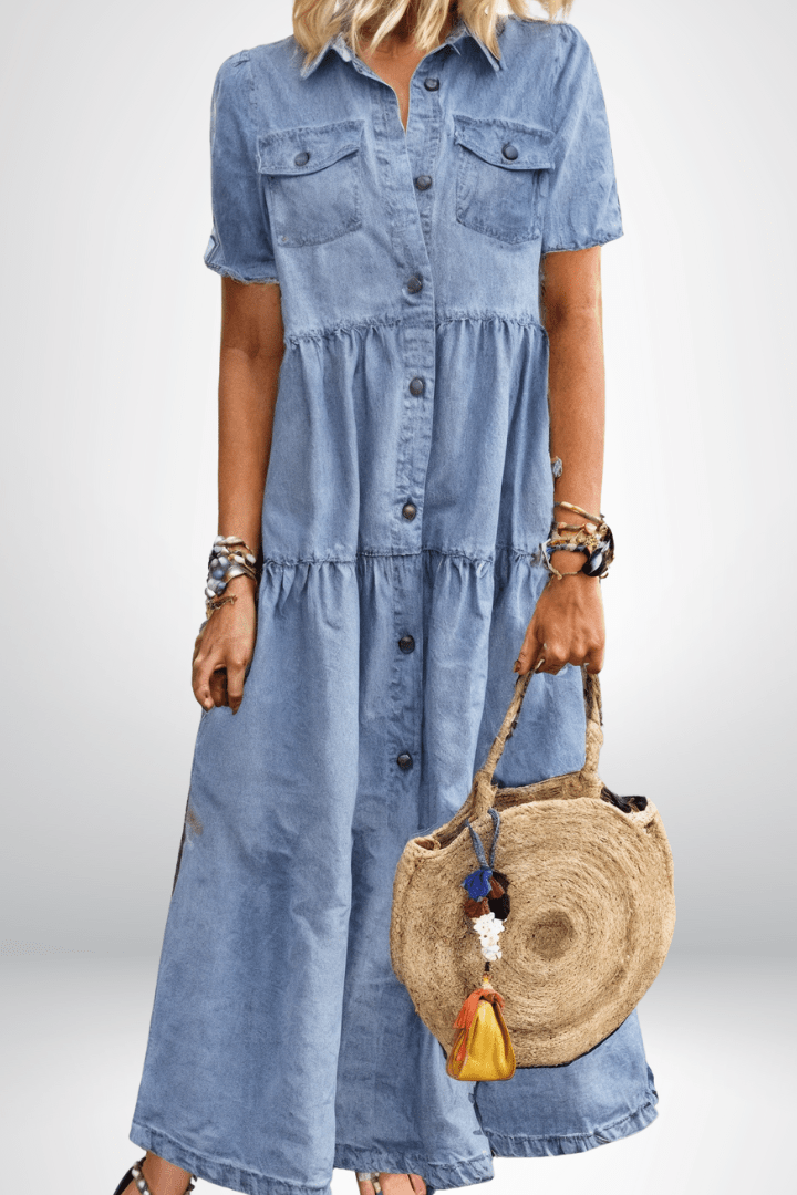 Button Front Denim Maxi Dress with Short Sleeves and Utility Pockets