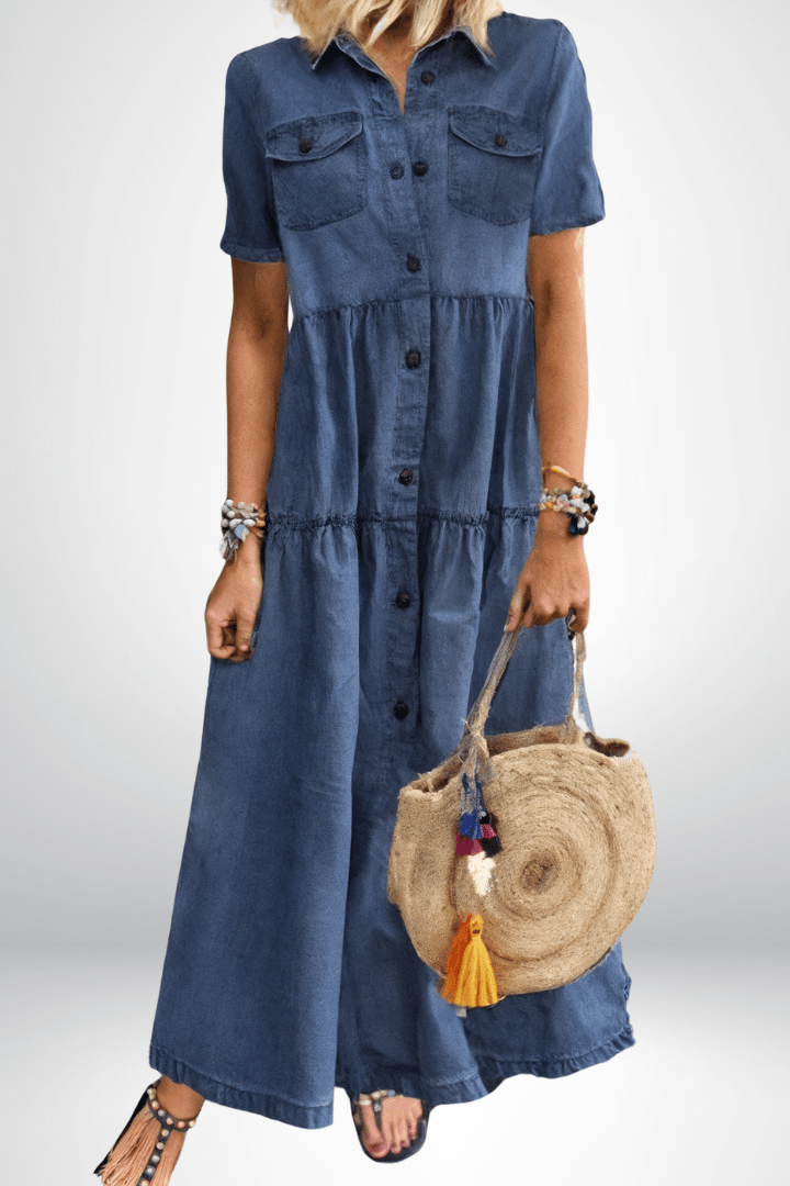 Button Front Denim Maxi Dress with Short Sleeves and Utility Pockets