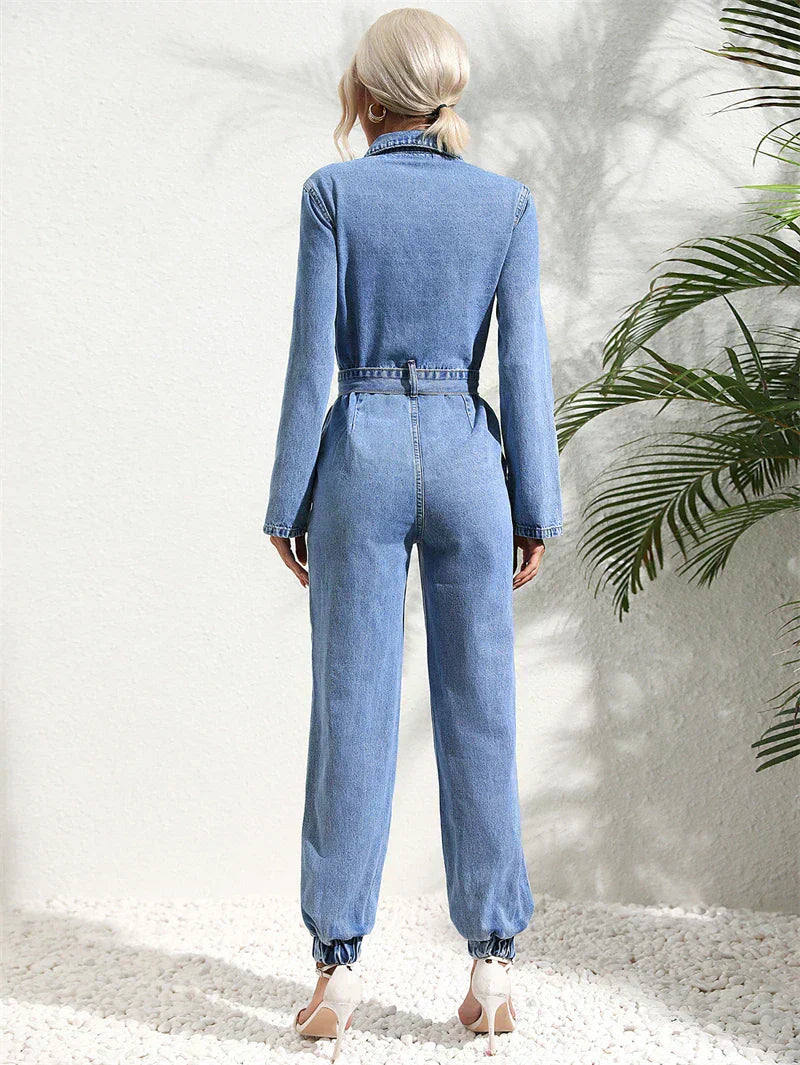 Women’s Denim Long-Sleeve Belted Jumpsuit