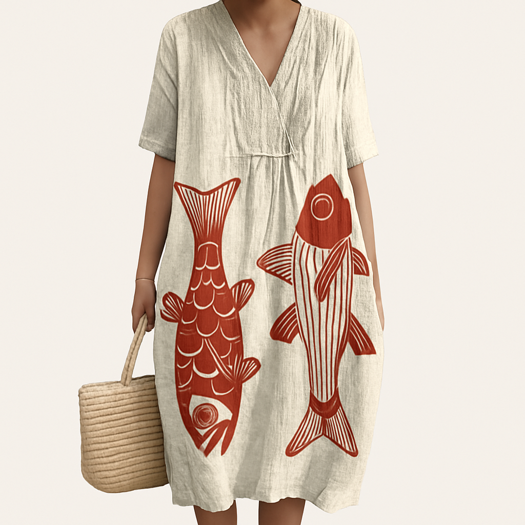 Boho Loose-Fit V-Neck Midi Dress with Patchwork & Print Designs