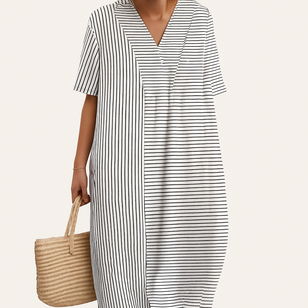 Boho Loose-Fit V-Neck Midi Dress with Patchwork & Print Designs