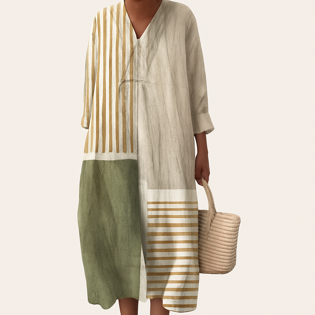 Boho Loose-Fit V-Neck Midi Dress with Patchwork & Print Designs