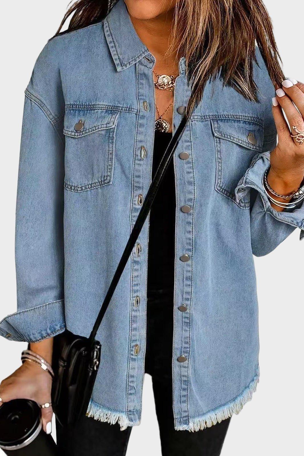 Relaxed Button Front Denim Shirt Jacket with Raw Hem Detail