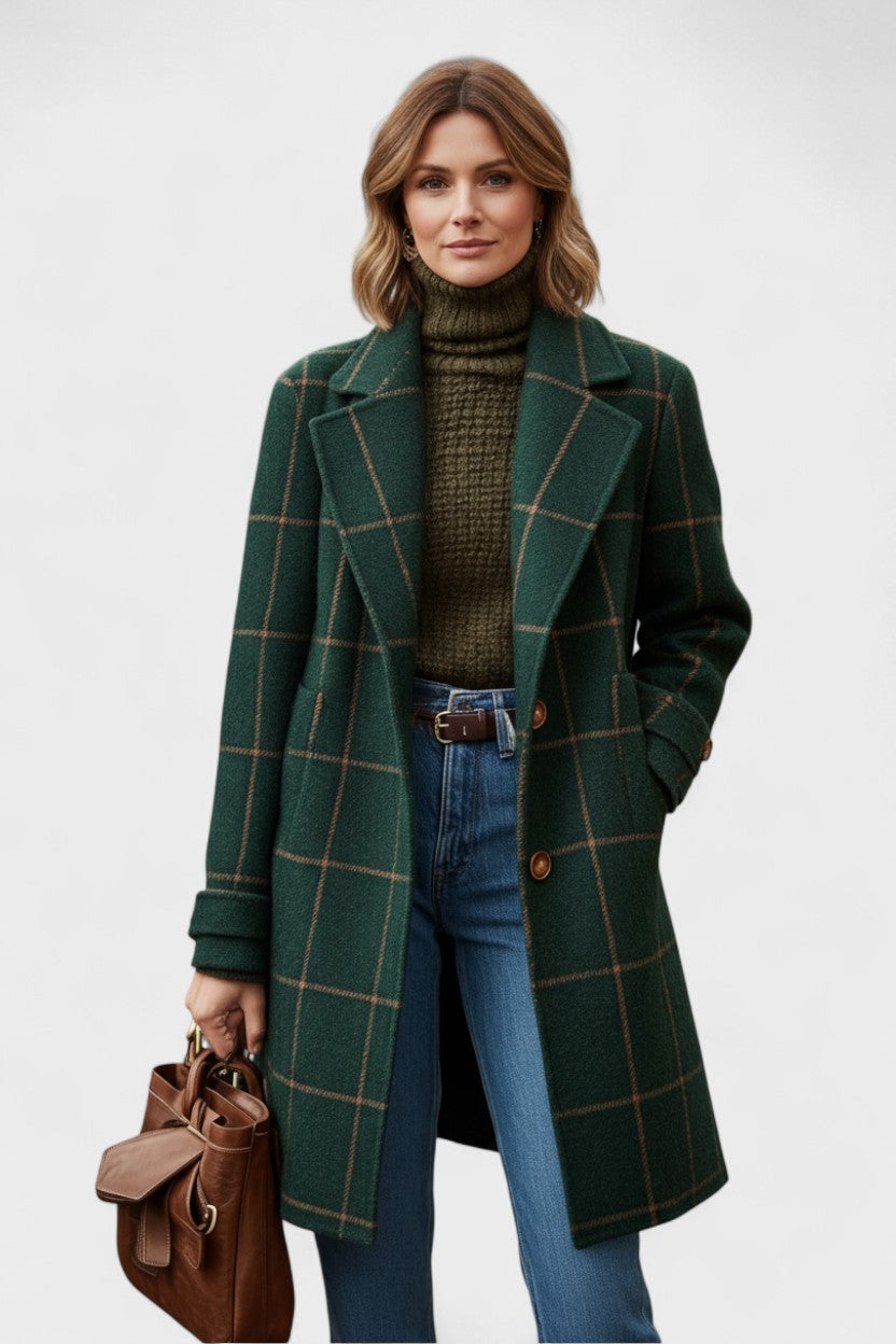Classic Plaid Tailored Mid-Length Wool Coat