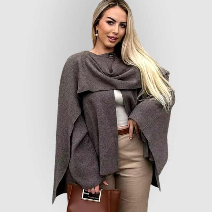 Wool-Blend Asymmetrical Button Shawl Cape Coat