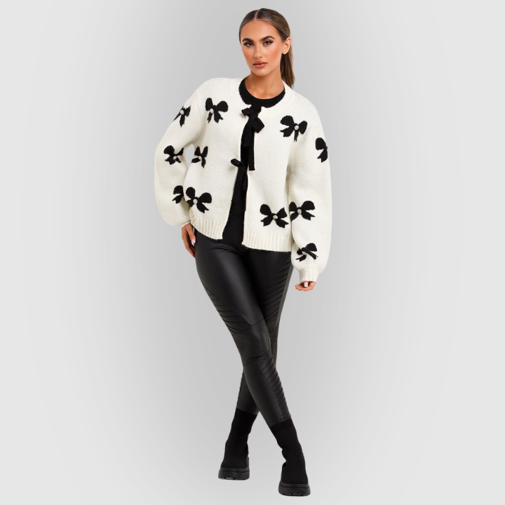 Bow-Pattern Long-Sleeve Knit Cardigan for Women