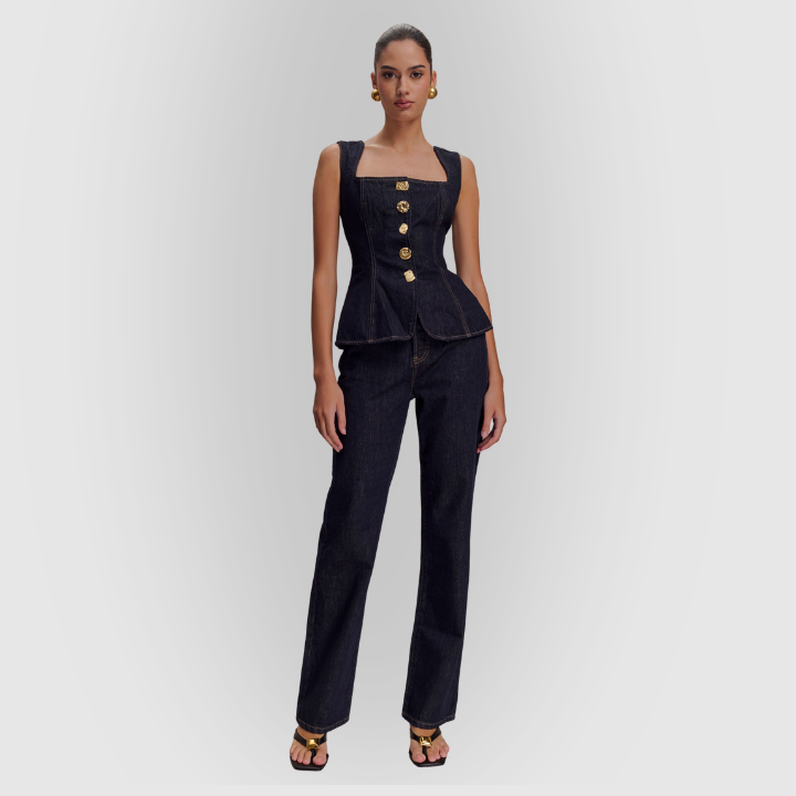 Denim Button-Front Sleeveless Corset Top & Straight-Leg Pants Set