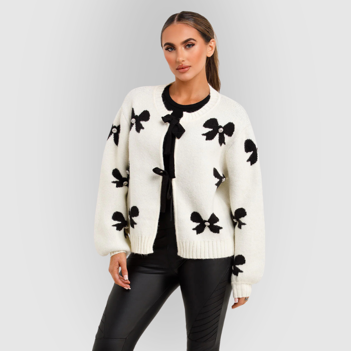 Bow-Pattern Long-Sleeve Knit Cardigan for Women