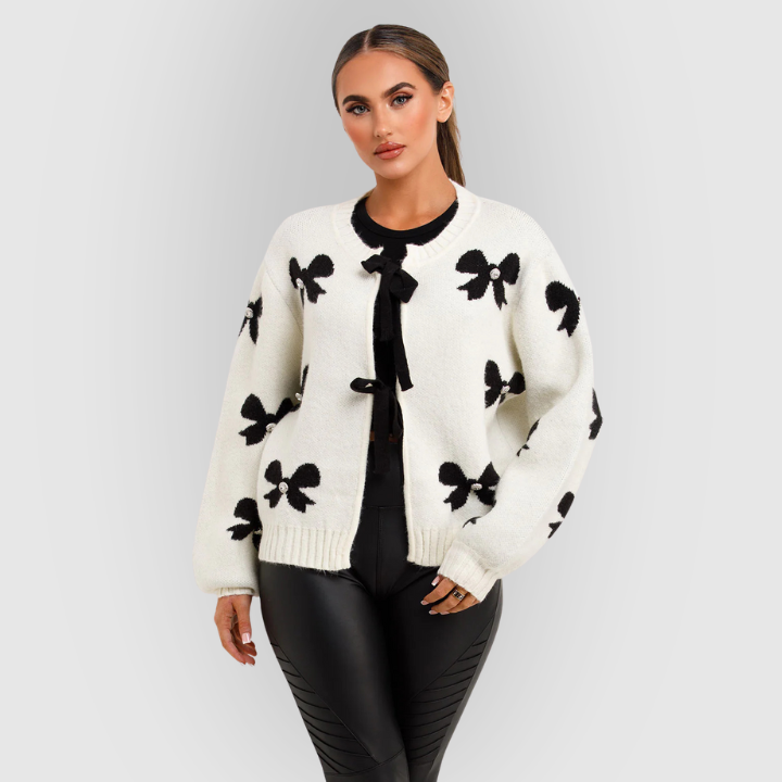 Bow-Pattern Long-Sleeve Knit Cardigan for Women