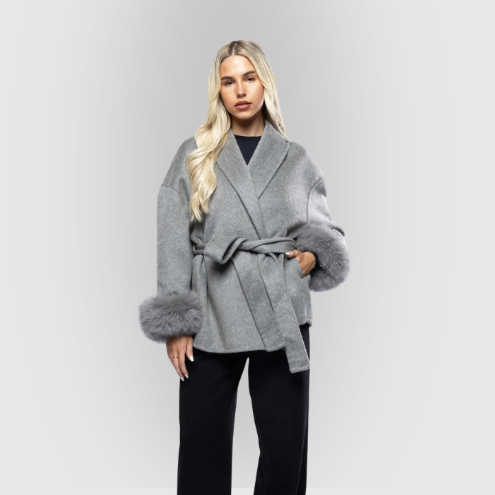 Faux Fur Cuff Belted Wool-Blend Winter Coat