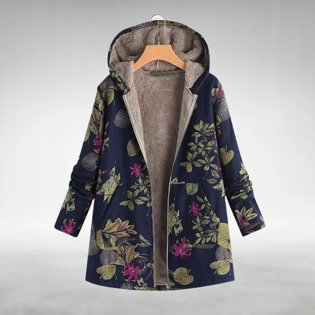 Floral Print Fleece-Lined Hooded Jacket