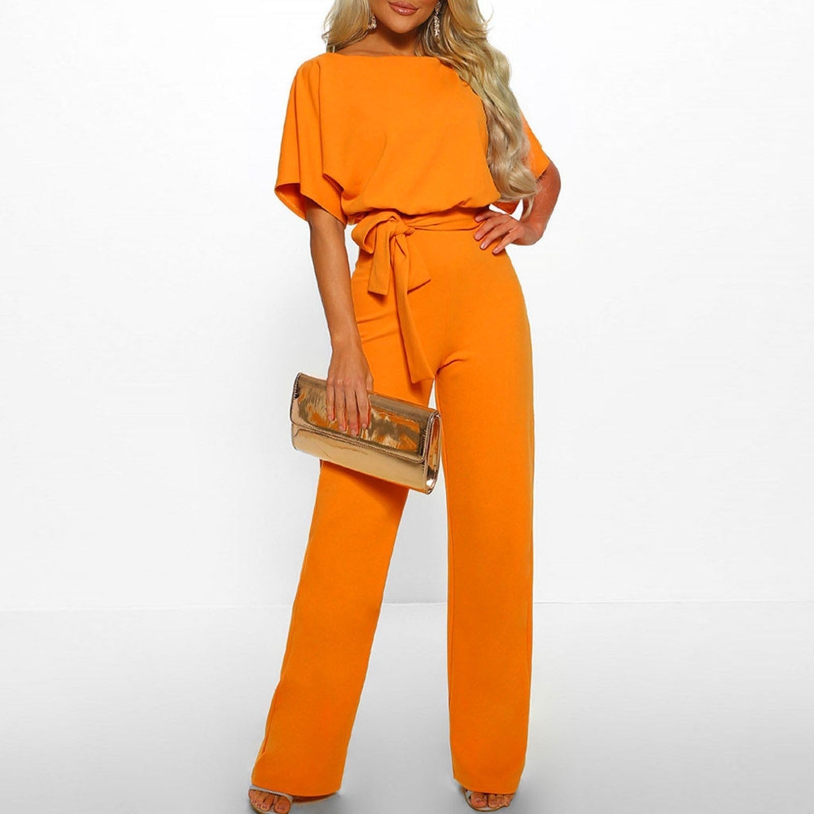 Short-Sleeve Belted Wide-Leg Elegant Women’s Jumpsuit