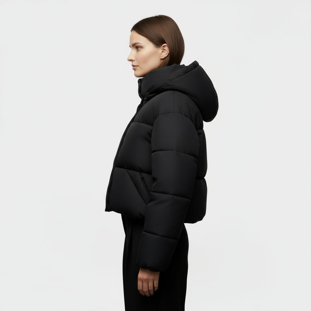 Women’s Cropped Hooded Puffer Jacket with Adjustable Hem