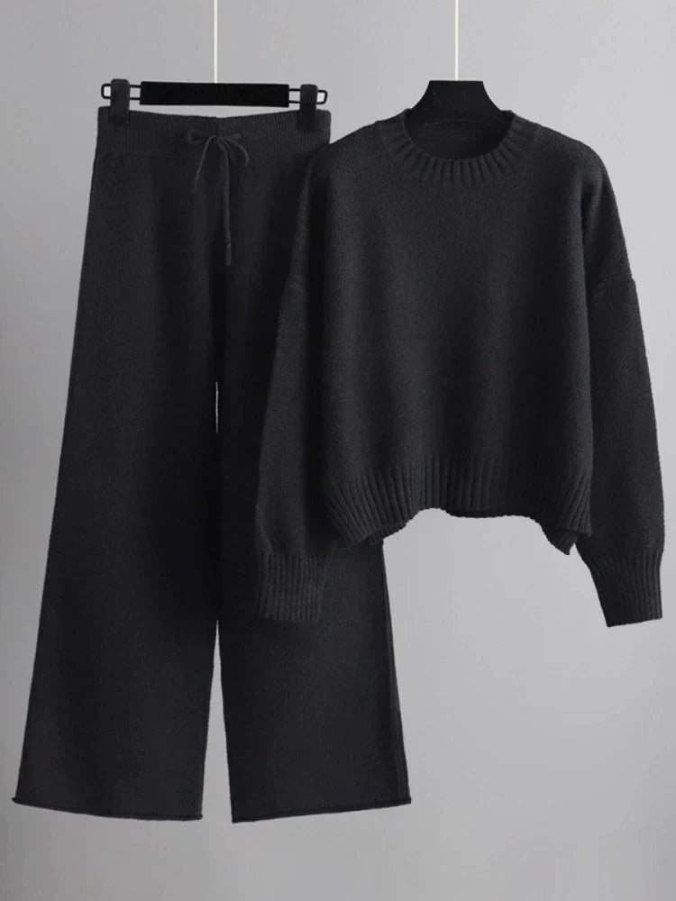 Relaxed Knit Sweater Lounge Set with Wide Leg Pants