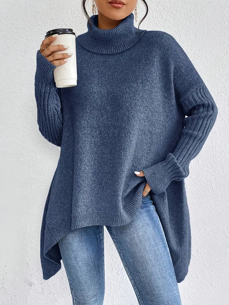 Relaxed Turtleneck Knit Sweater with Side Slit Detail