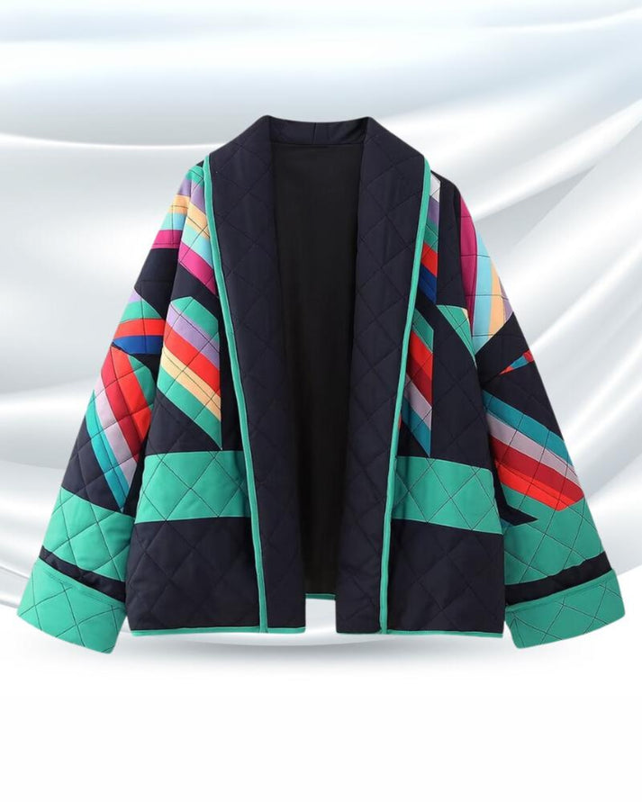 Quilted Open Front Geometric Jacket with Contrast Trim